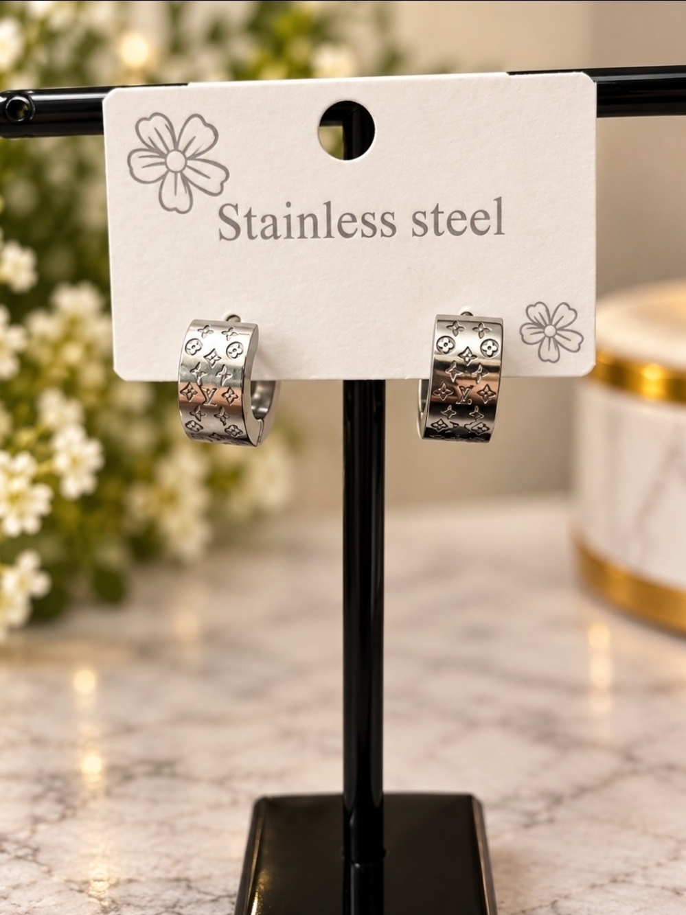 Stamped Stainless Steel Hoop Earrings in Silver